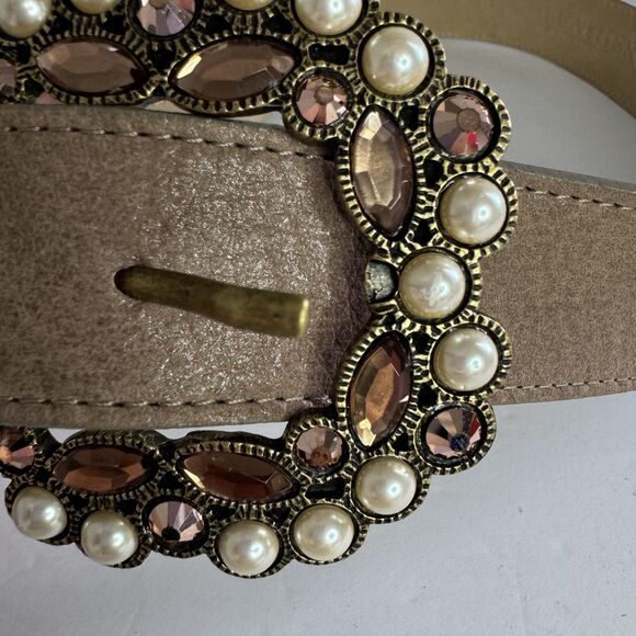 Western Leatherock Cowgirl Tan Belt Rhinestones Bling Crystals Pearl Western L main image 14